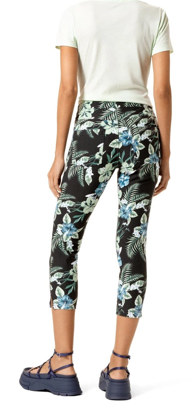 Hue Womens Size S Floral Tropical Print Essential Denim Capri Pants in Black