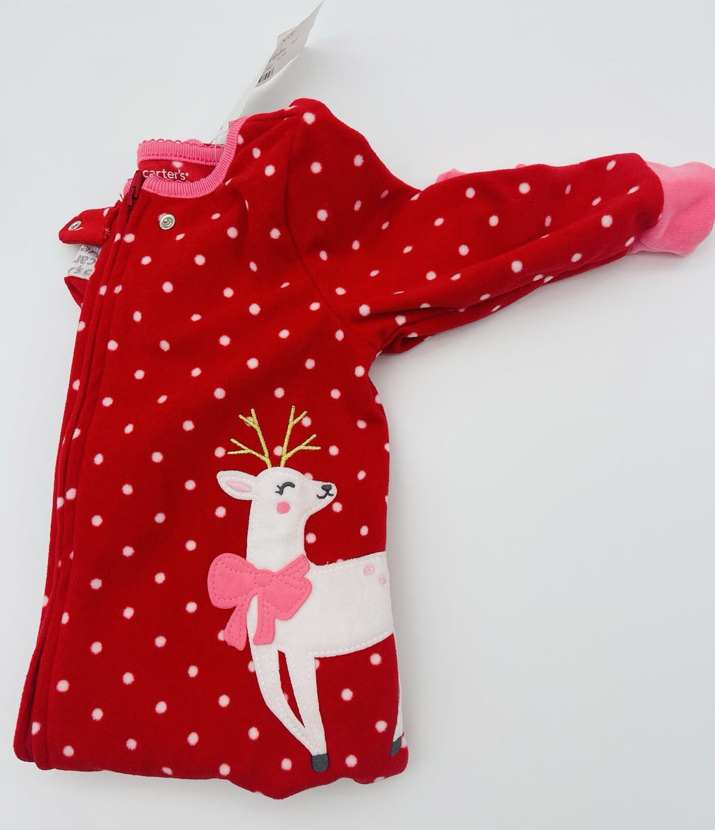 Carters 12Months Pink Sweater Reindeer Christmas Footed Fleece Pajama Girl