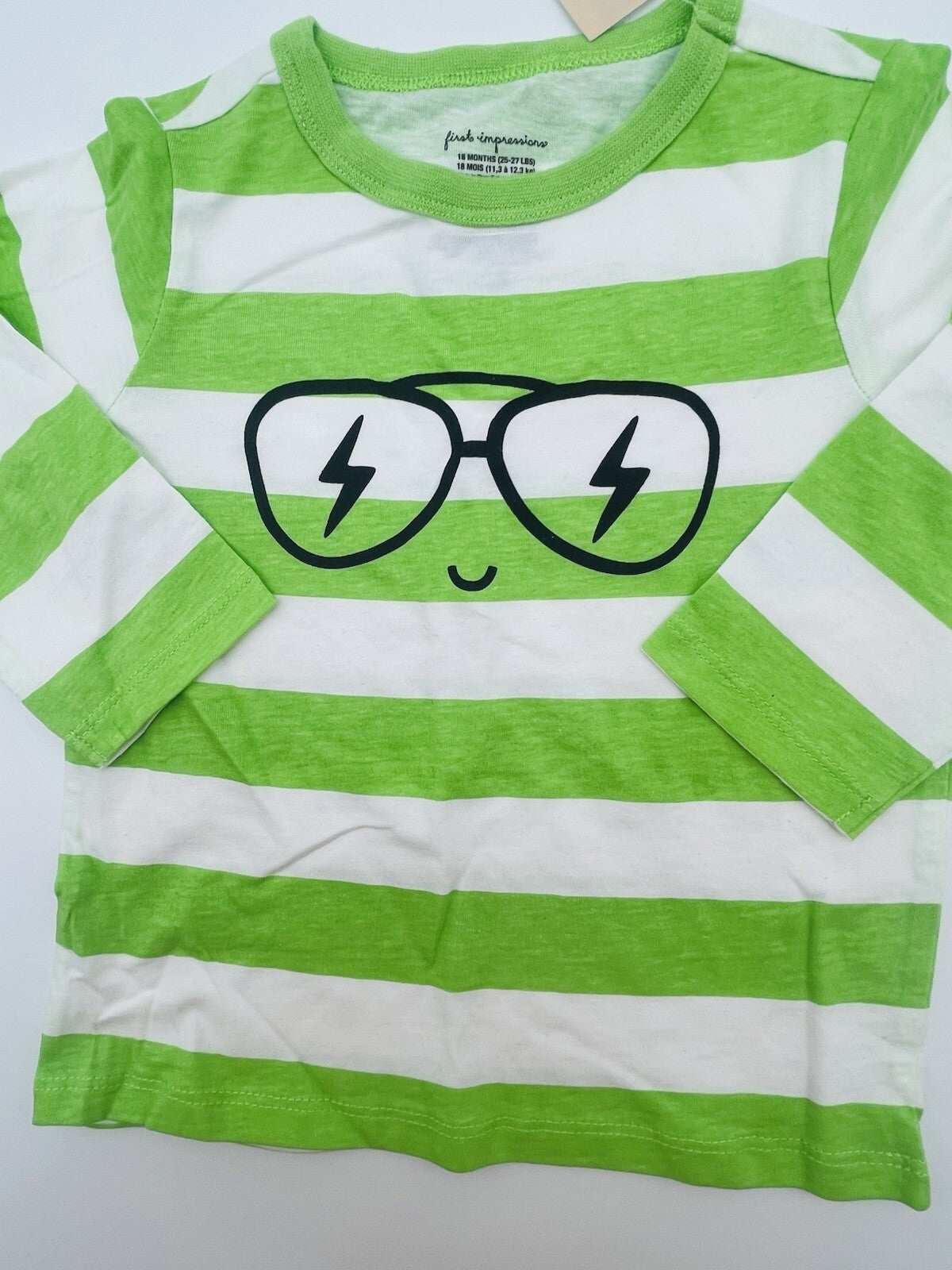 First Impression Toddler Boys Green White Striped Long Sleeve Graphic T Shirt