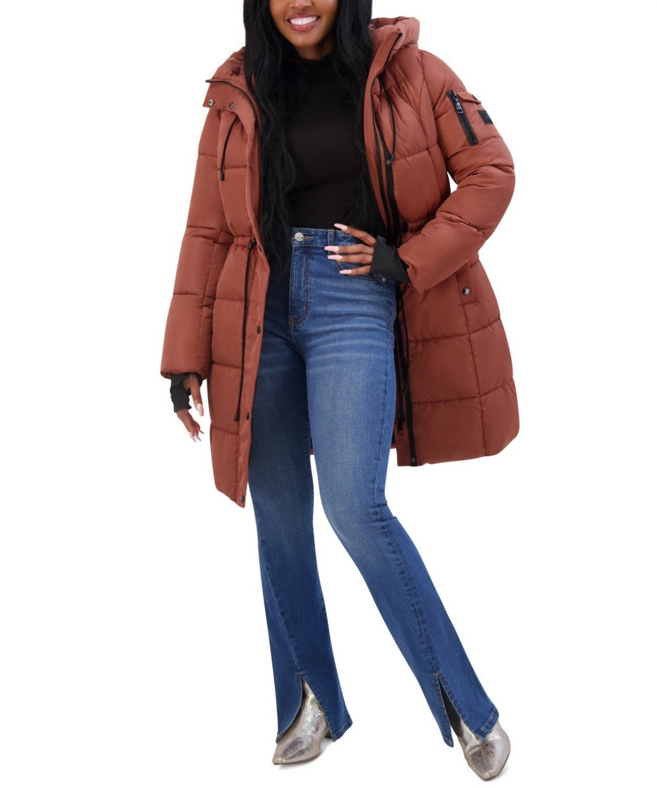 Steve Madden Juniors' Hooded Puffer Anorak Coat Size S/P Color Terracota