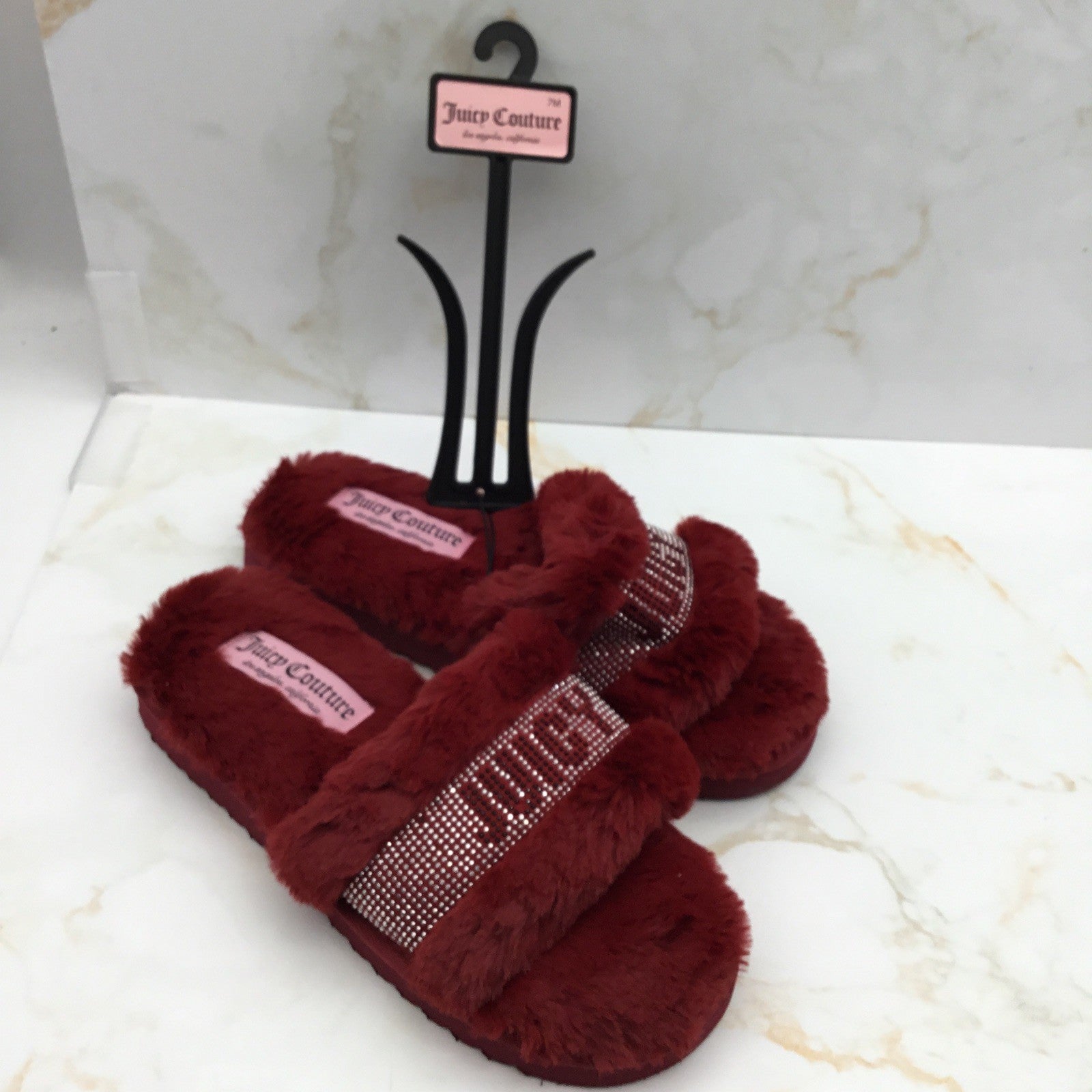 Juicy Couture HALO Faux-Fur Slip-on Slipper Sandals - BURGUNDY 7M