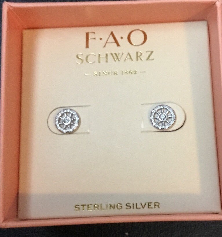 F*A*O SCHWARZ STERLING SILVER CIRCLE STUD EARRINGS W/ CRYSTAL STONE ACCENT NIB