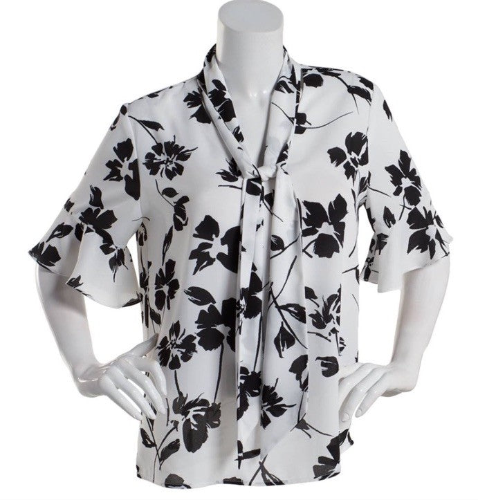 Kasper Womens Blouse Top Printed Tie Neck Ruffle Sleeve Vanilla Ice/ Black Sz M