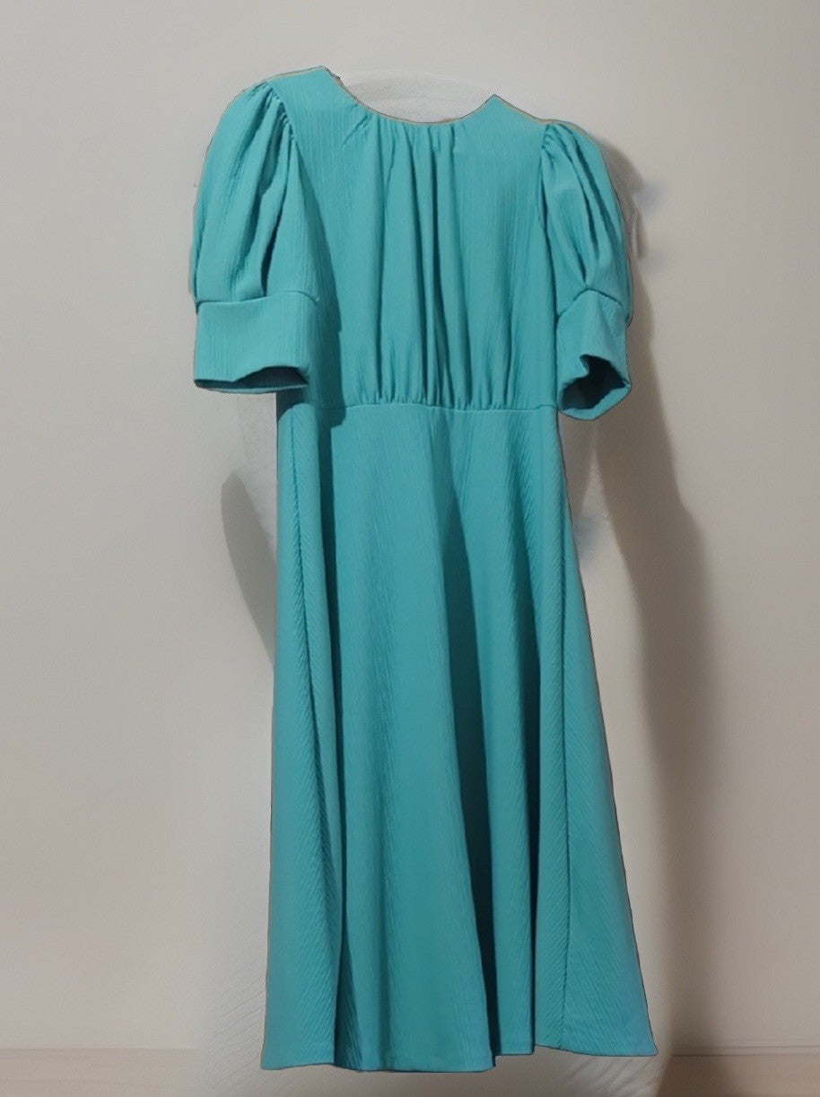Maison Tara Women's Puff Sleeve Pleated Dress, 4 Aqua 
