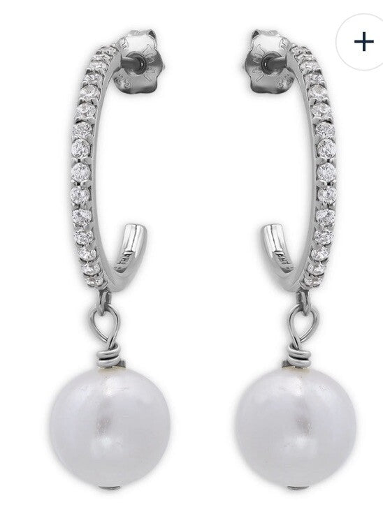 CULTURED FRESHWATER PEARL CHARM PAVÉ HOOP EARRINGS - EXCLUSIVE