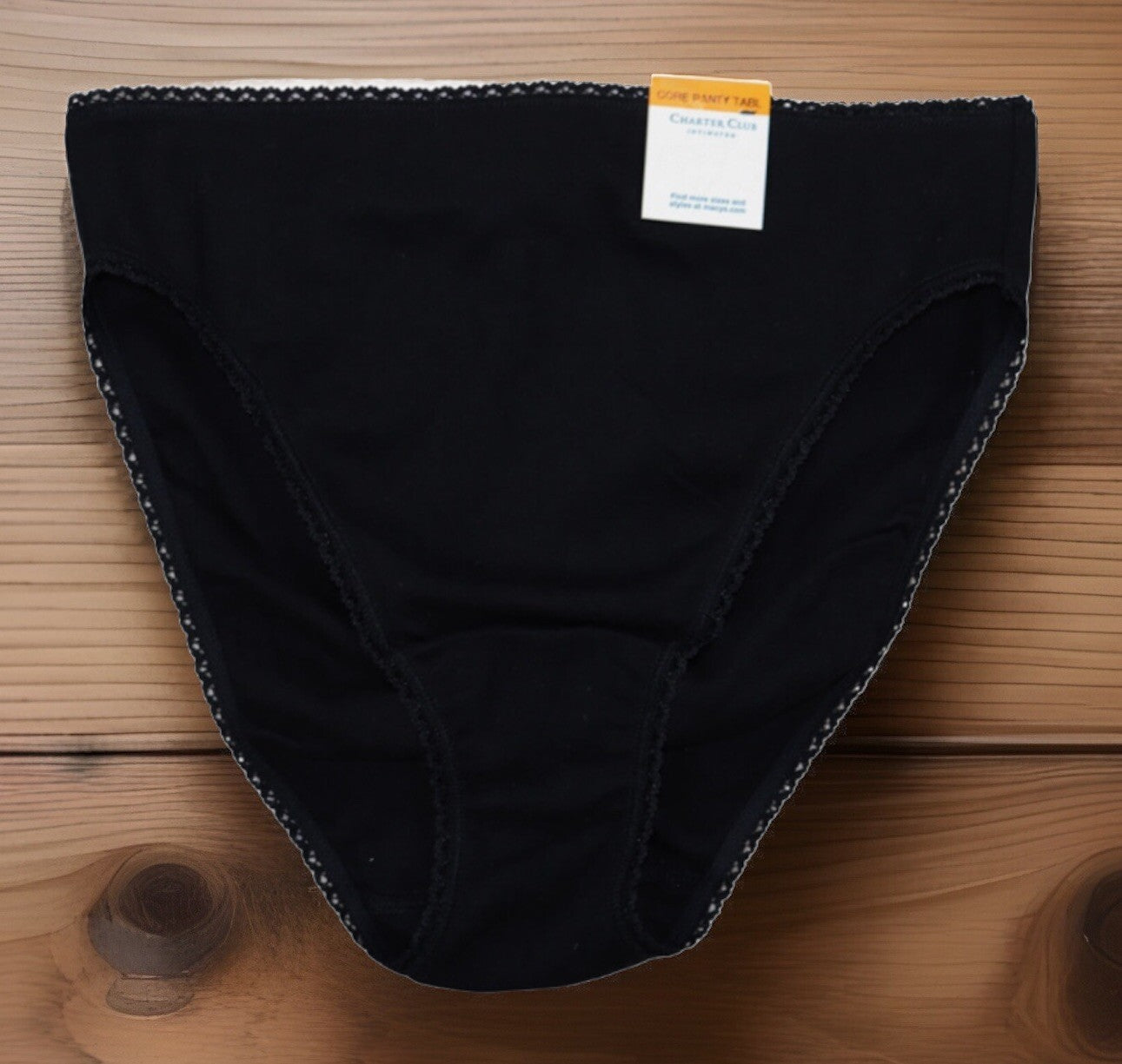 CHARTER CLUB Everyday Cotton High Cut Brief Underwear Lace Trim Black Medium NEW