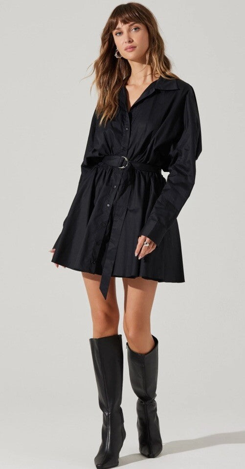 ASTR The Label Winica Belted Mini Shirtdress Medium Black 