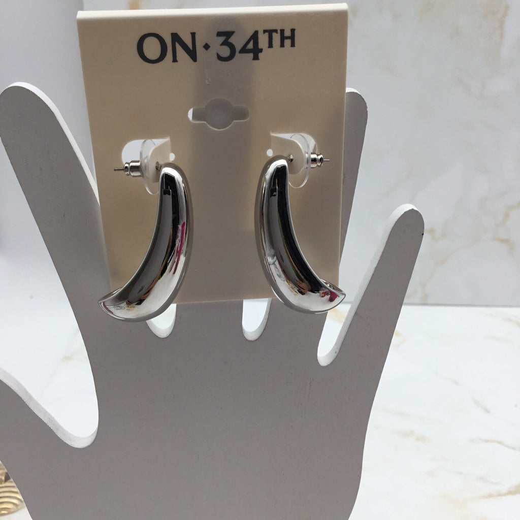 On 34th Medium Tapered Statement J-Hoop Earrings,  Silver Color 