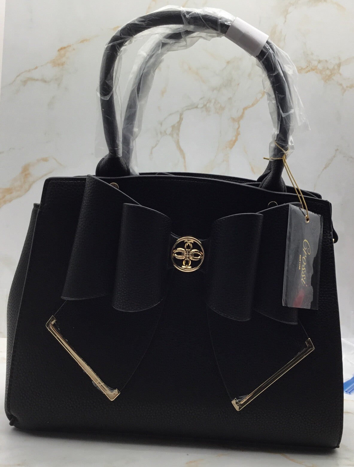 LIKE DREAMS Women's Double Bow Satchel Black And Gold Medium 