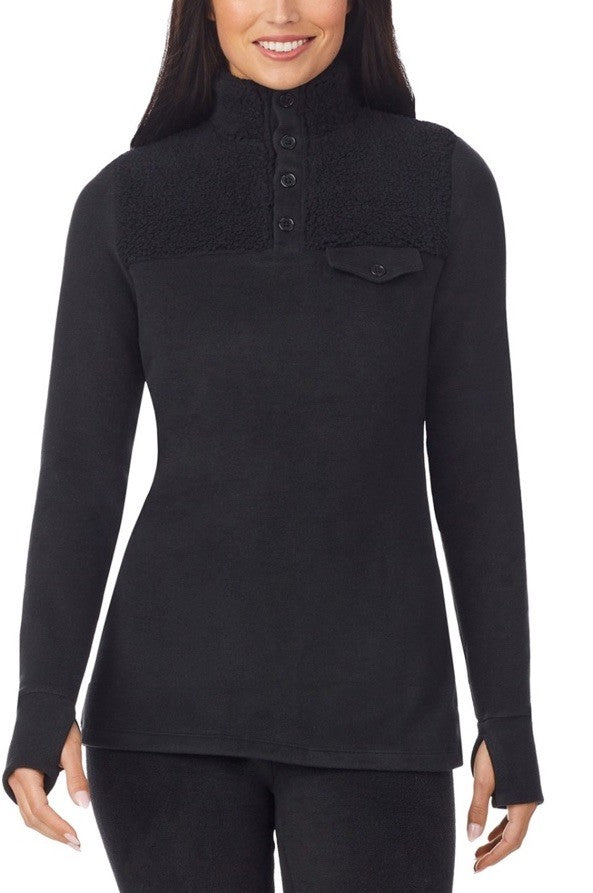 Cuddl Duds Fleecewear Long-Sleeve Collared Top Black L