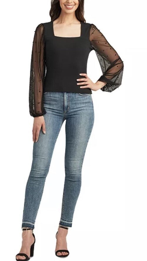 BCX Juniors' Square-Neck Beaded Balloon-Sleeve Top Black XS