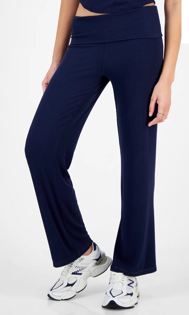 Ultra Flirt Juniors' High Rise Foldover-Waist Ribbed Knit Pants Black S