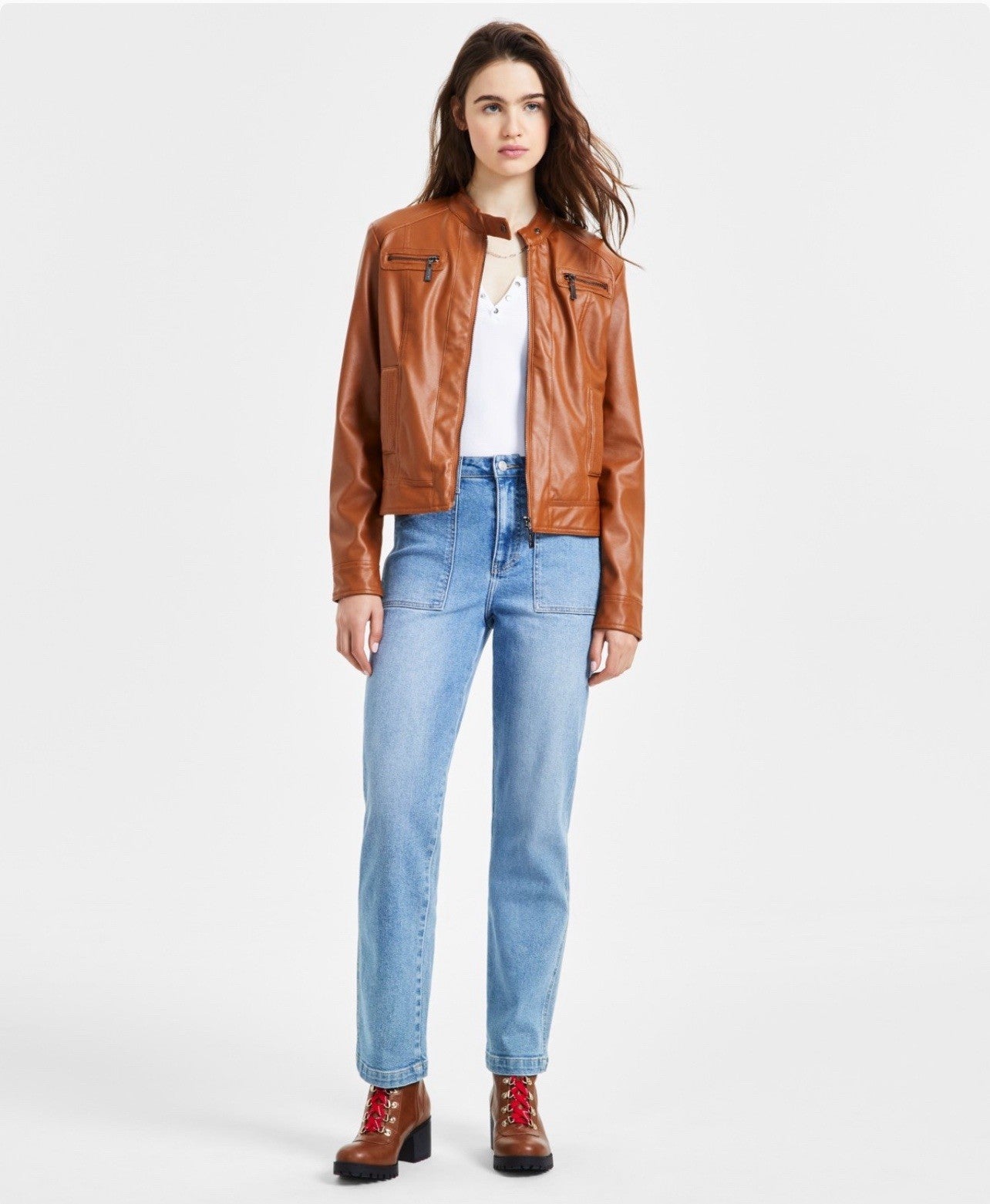 Jou Jou Juniors' Faux-Fur-Lined Moto Jacket Size 2XL Color Cognac