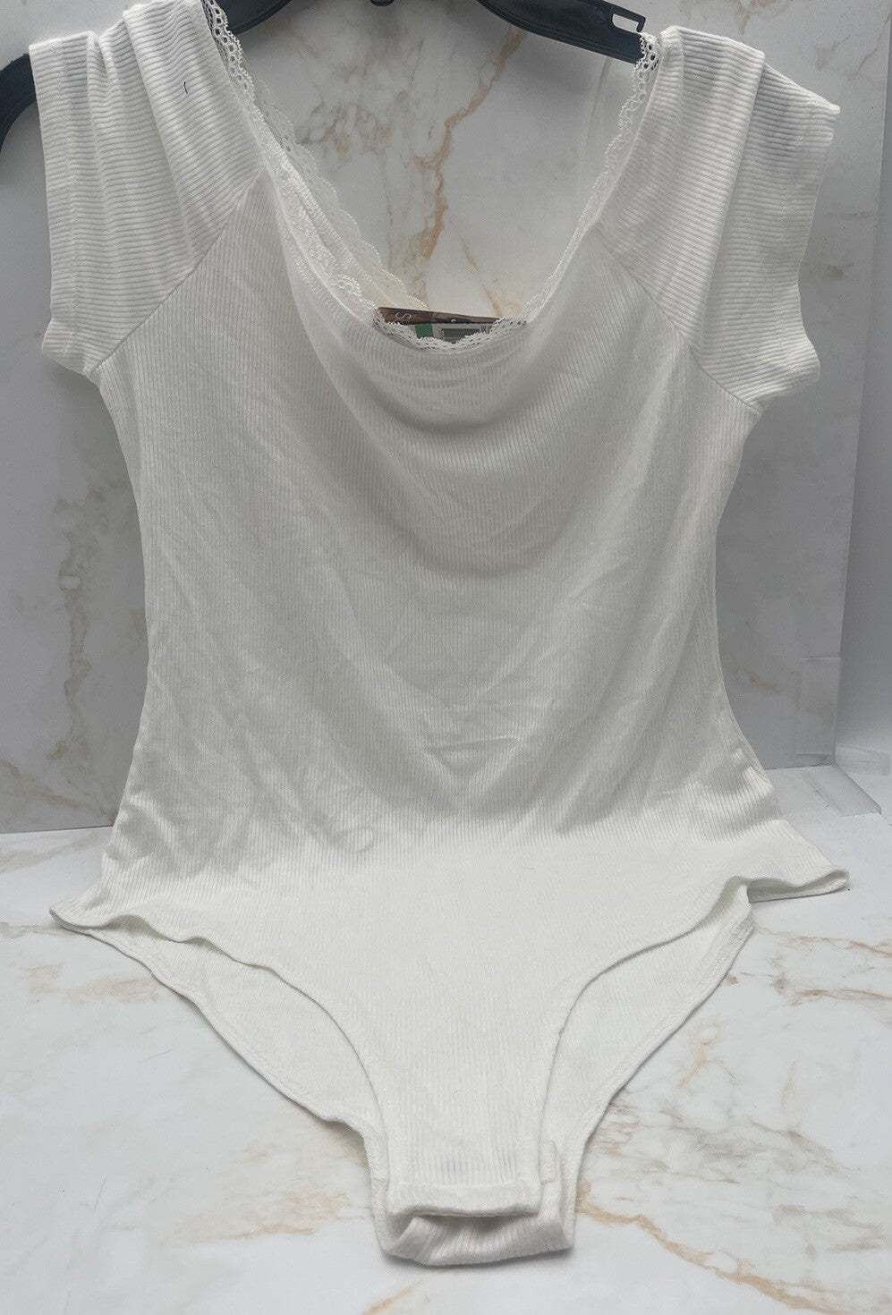 Self Esteem Juniors' Ribbed Lace-Trim Cap-Sleeve Bodysuit White Large 