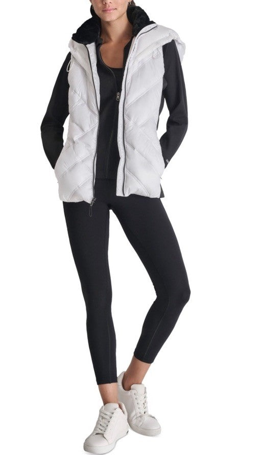 DKNY Womens Hooded Puffer Vest White And Black S
