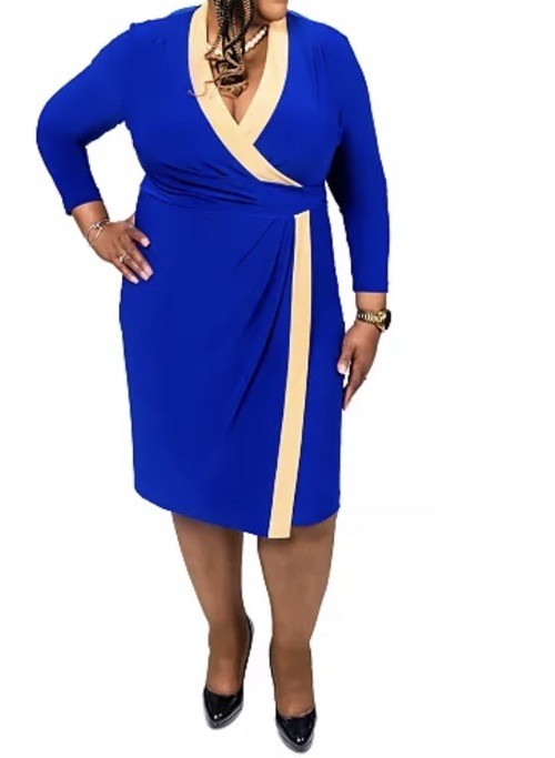 Kasper Colorblocked Faux-Wrap Sheath Dress Royal Blue S