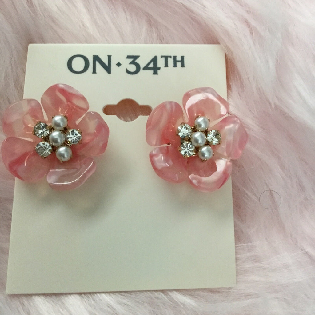 On 34th Gold-Tone Color Pavé & Imitation Pearl Mother-of-Pearl Flower Earrings 