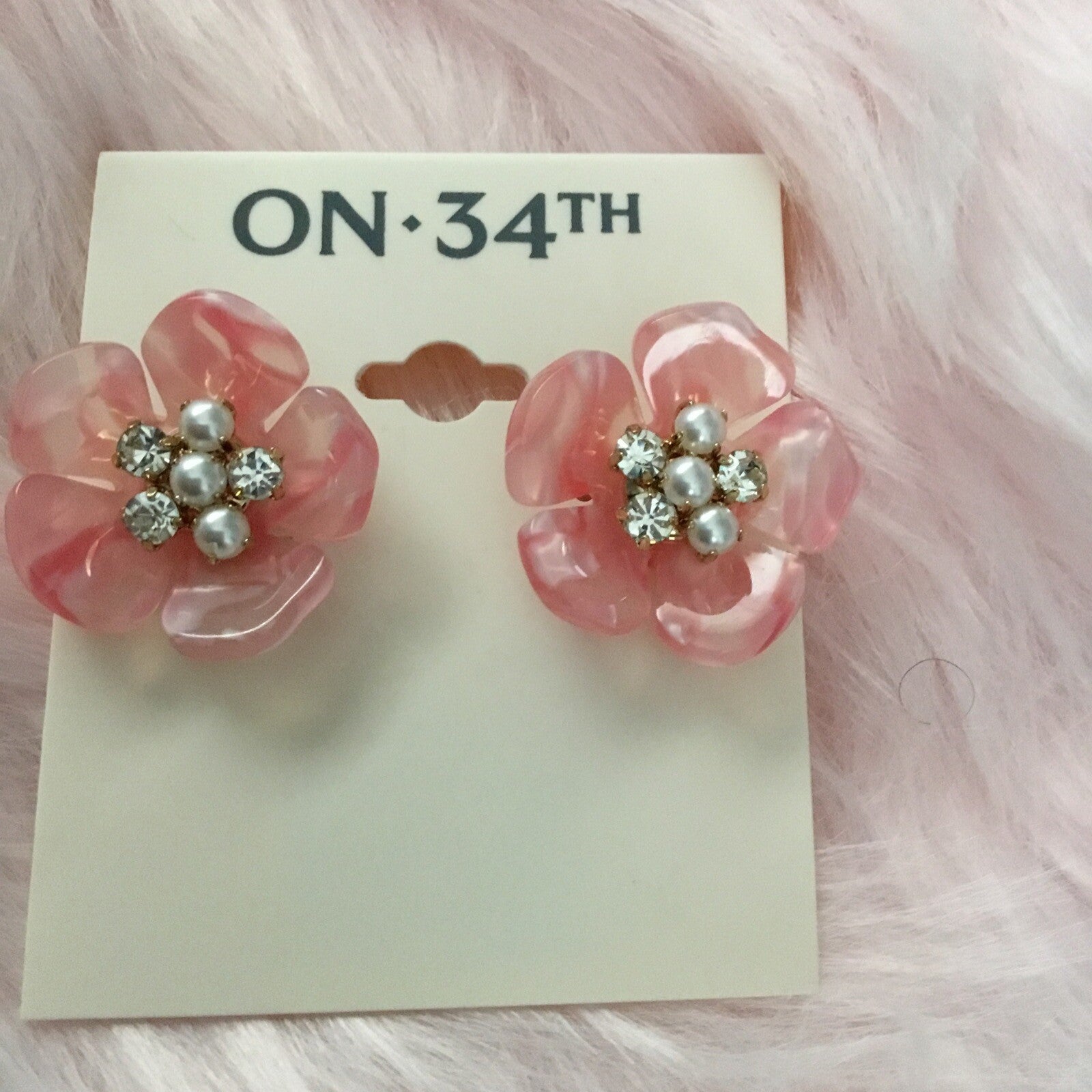 On 34th Gold-Tone Color Pavé & Imitation Pearl Mother-of-Pearl Flower Earrings 