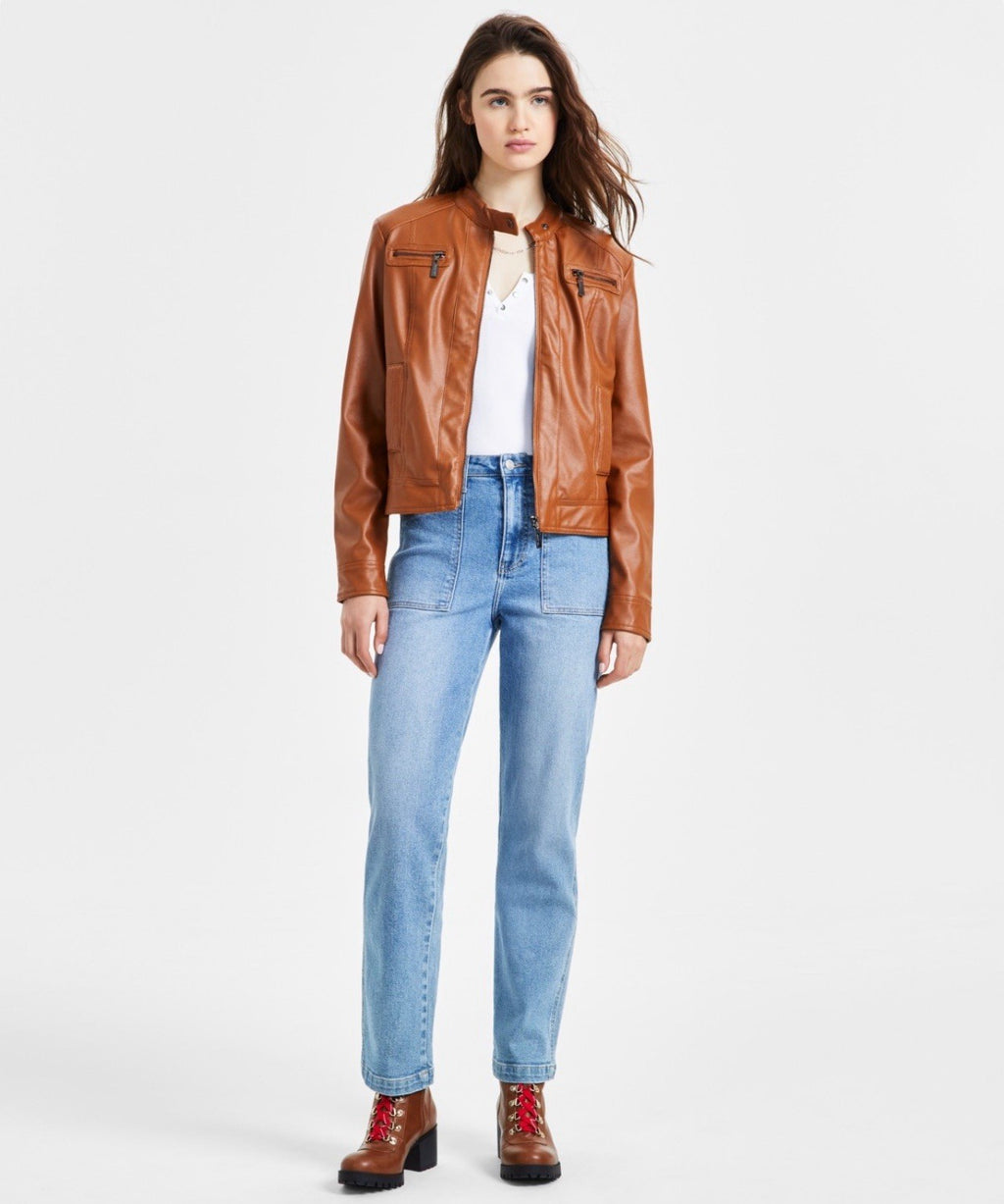 Jou Jou Juniors' Faux-Fur-Lined Moto Jacket Size 2XL Color Cognac