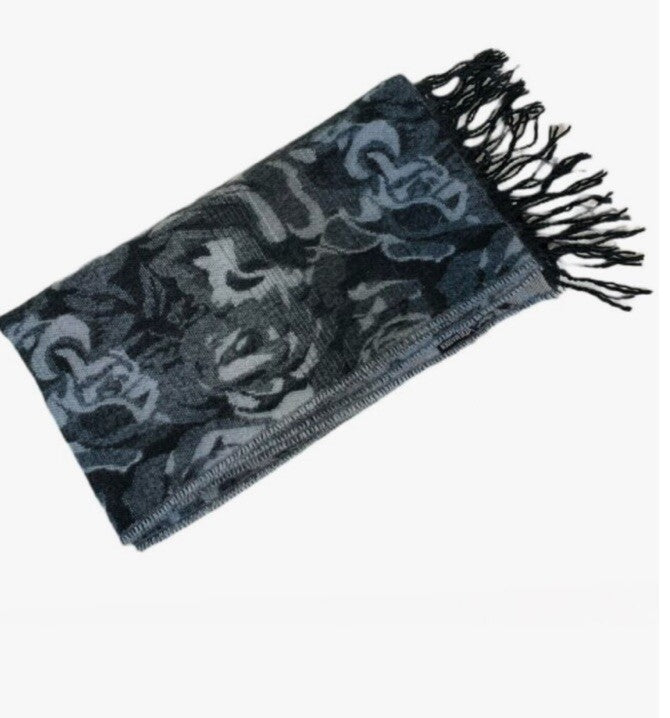 Steve Madden Women's Vibrant Rose Jacquard Blanket Scarf With Fringe, Denim, O/S