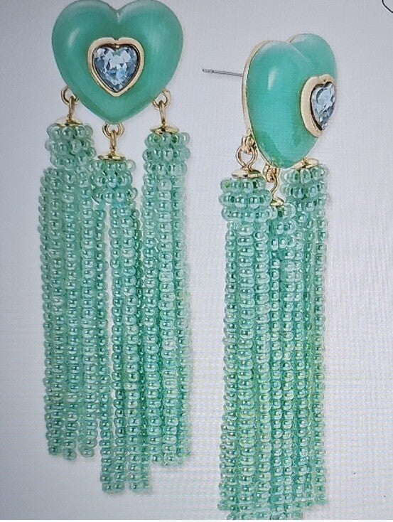 On 34th Crystal Heart & Beaded Fringe Drop Earrings Green 