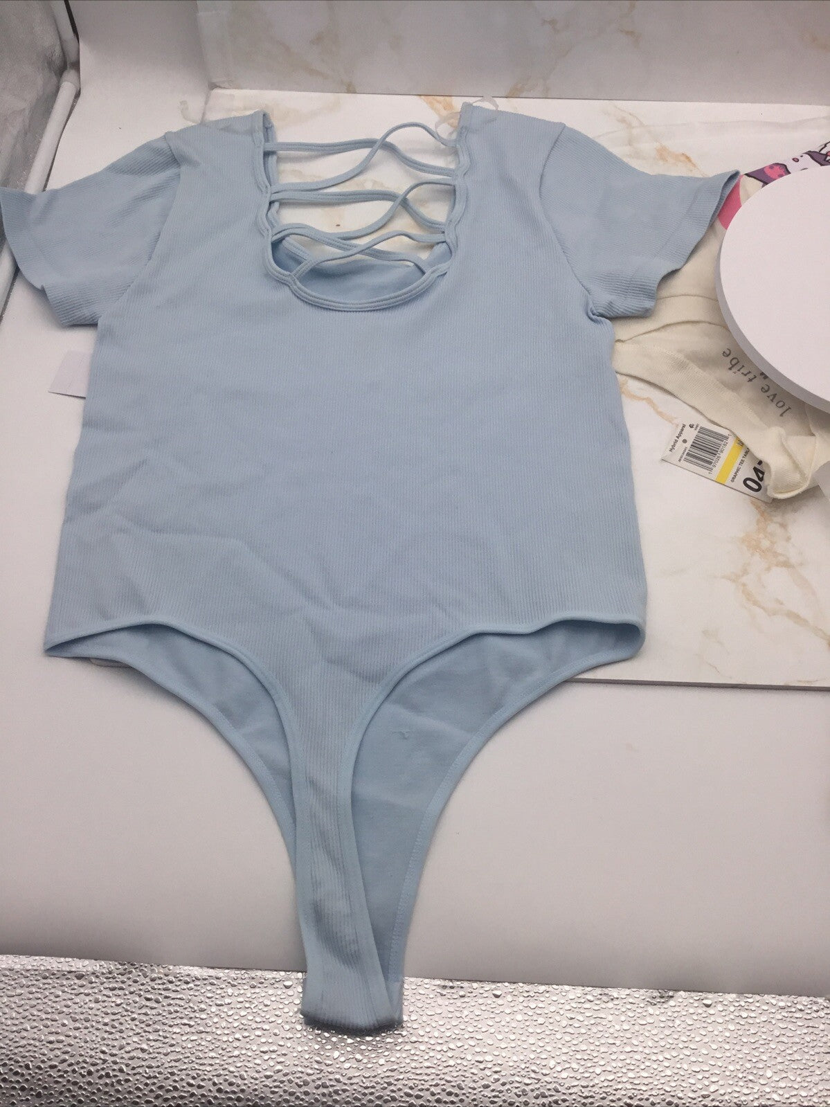 Ultra Flirt Juniors' Seamless Lattice-back Ribbed Bodysuit In Baby .blue XL