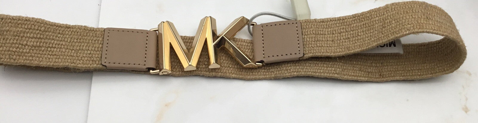 Michael Kors Straw Belt MK Logo Buckle Tan Beige Women's Accessory 
