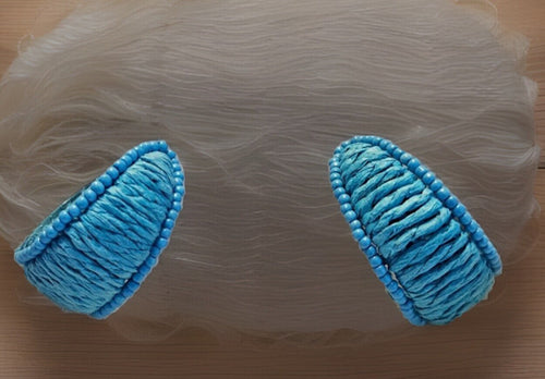 Bright Blue Color Seed Bead & Raffia C-Hoop Earrings, Post Back, 1.25" 