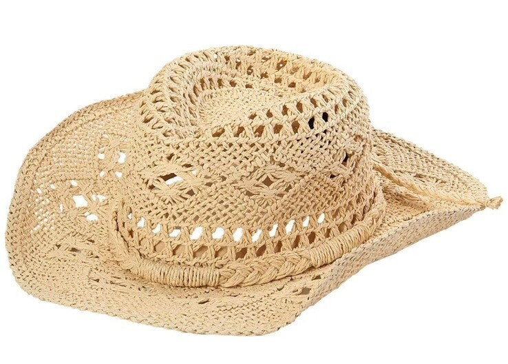 STEVE MADDEN HAILEY Straw Cowboy Hat Natural Beige Braided Trim PACKABLE