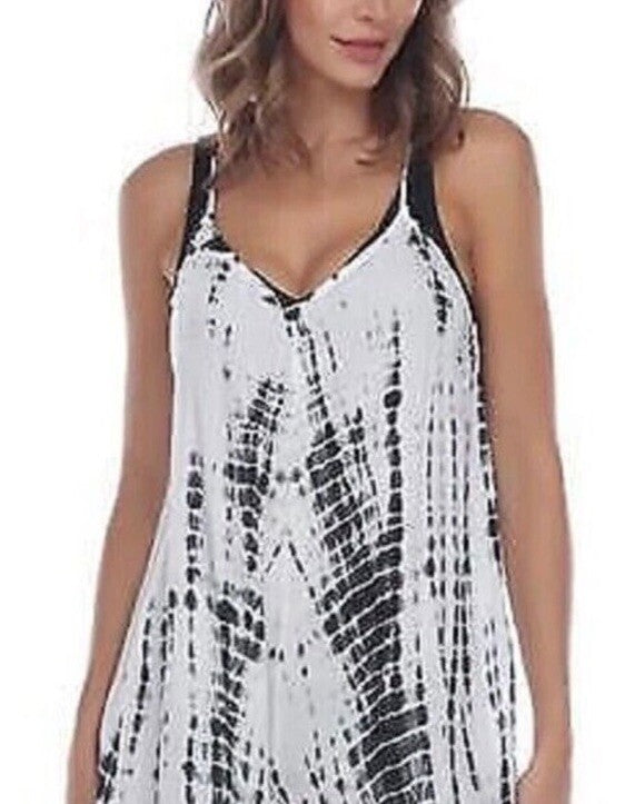 Raviya Tie-Dye Sleeveless Jumpsuit Swim Cover-up, Black Tie Dye, , Medium
