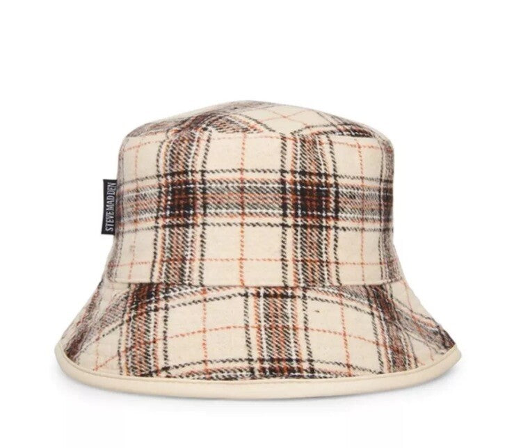 Steve Madden Women's Reversible Plaid Bucket Hat Cream Fabric