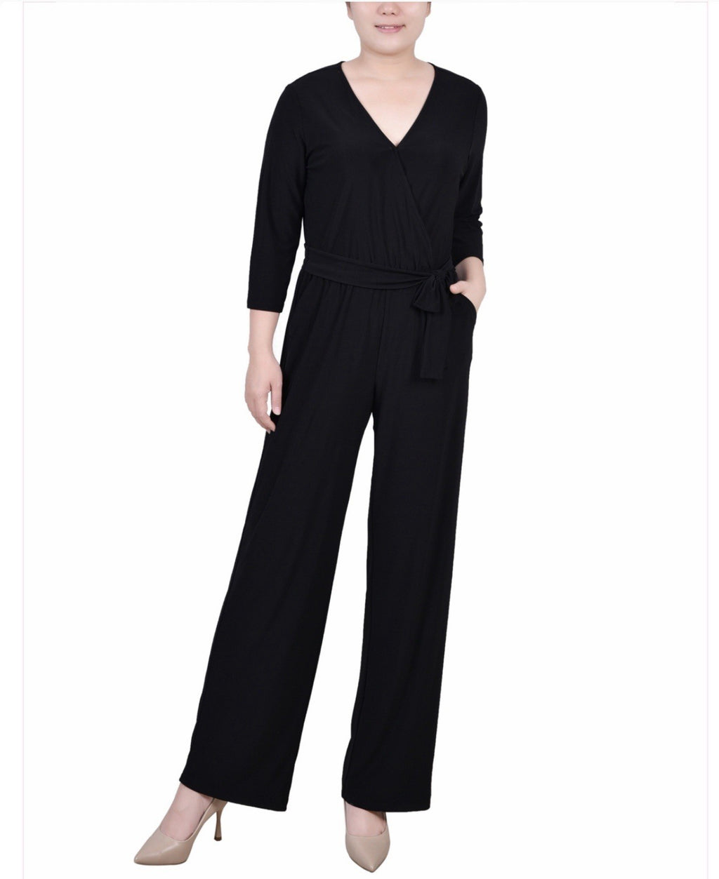 NY Collection Jumpsuit Womens Size Small Petite PS Black 3/4 Sleeve Belted New