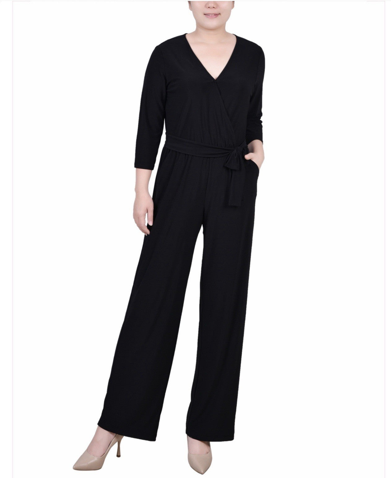 NY Collection Jumpsuit Womens Size Small Petite PS Black 3/4 Sleeve Belted New