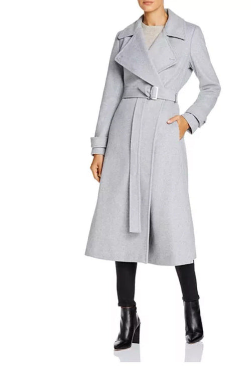 Calvin Klein Womens Belted Wrap Wool Blend Coat Size 10 Light Grey