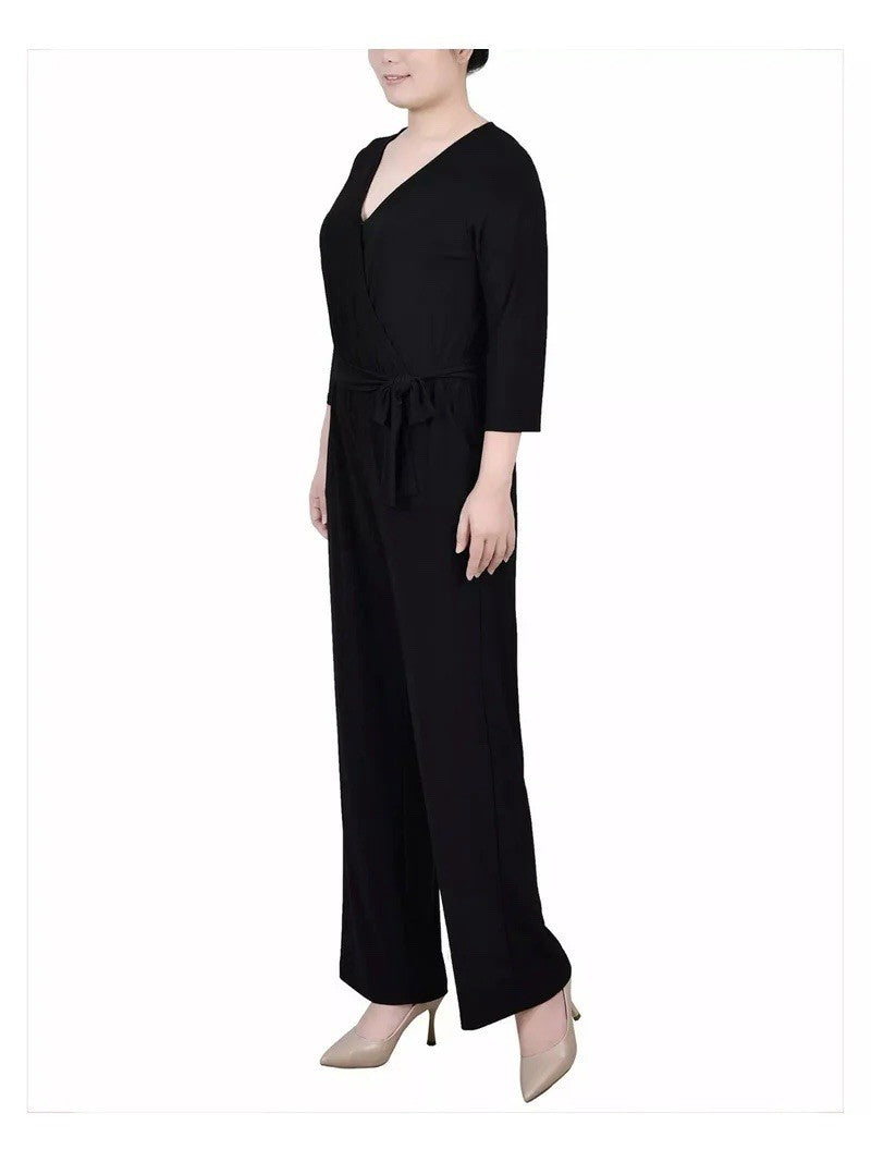NY Collection Jumpsuit Womens Size Small Petite PS Black 3/4 Sleeve Belted New