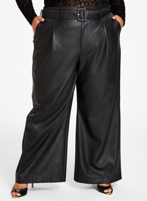 Nina Parker Women's Black Faux Leather Belted Wide-Leg Pants Plus Size 18W