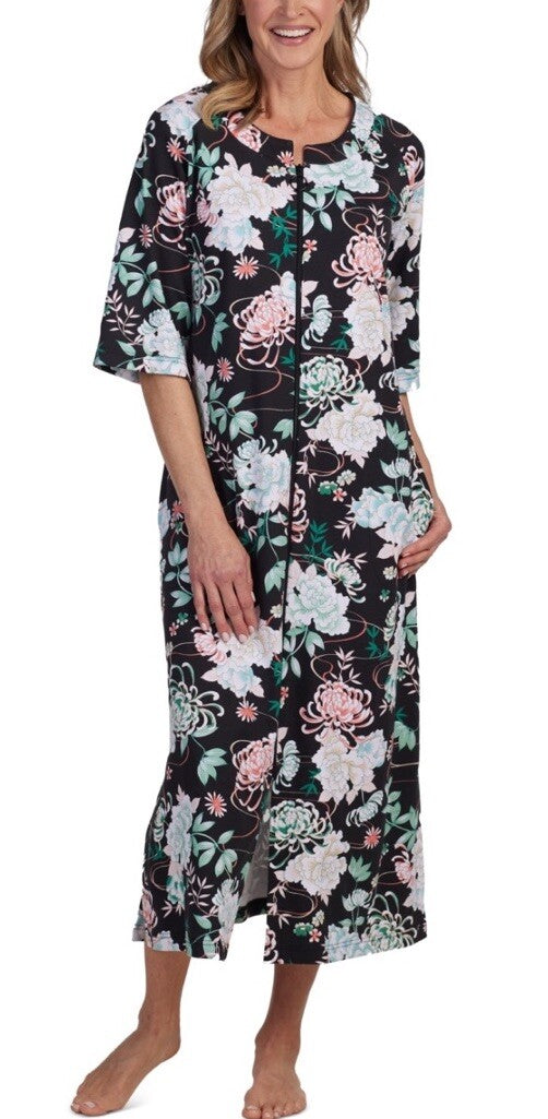 Miss Elaine Women's Printed 3/4-Sleeve Zip-Front Robe - Seaside SZ S