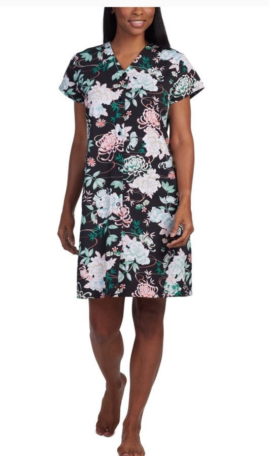 Miss Elaine Women's Short-Sleeve Floral Snap Robe Small GRNBK FLOR