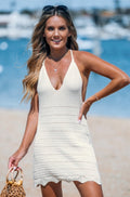Cupshe Women's Beige Plunging Halterneck Mini Crochet L Cover Up