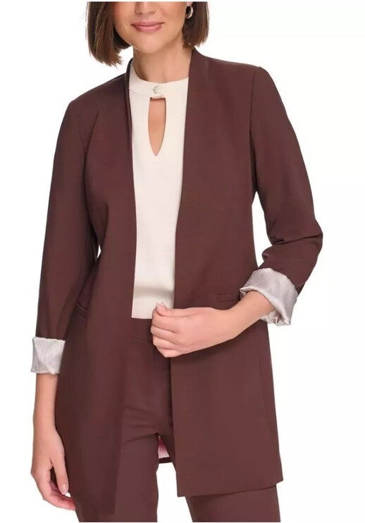 $150 Calvin Klein Women's Brown Collared Open-Front Blazer Jacket Size Petite 2P