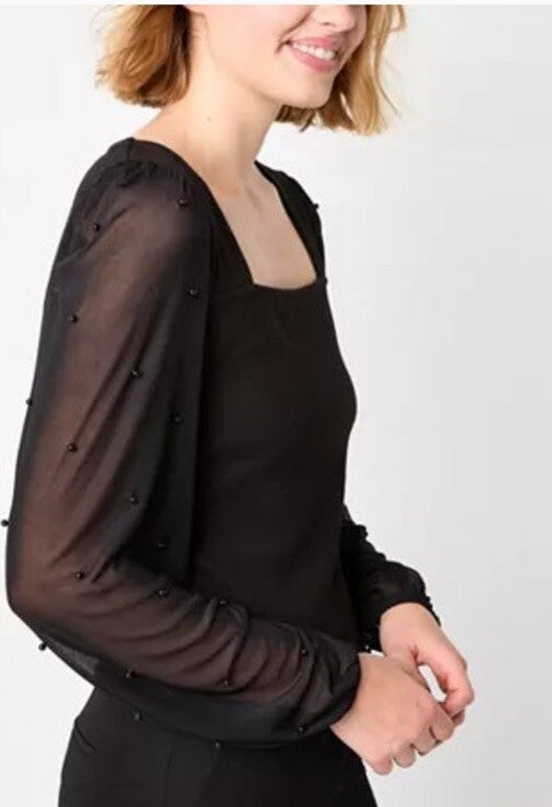 BCX Juniors' Square-Neck Beaded Balloon-Sleeve Top Black XS
