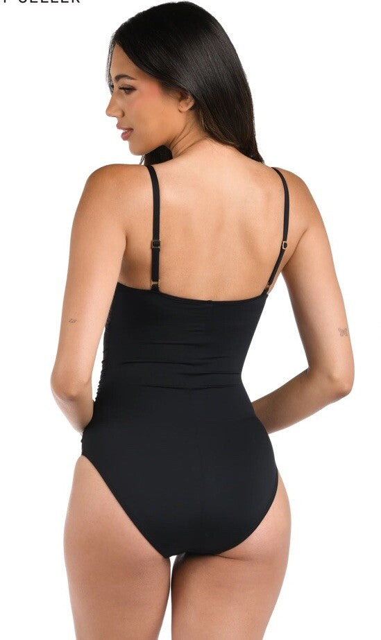 LA BLANCA Island Goddess Ruched Lingerie One Piece Swimsuit Black 8NWT