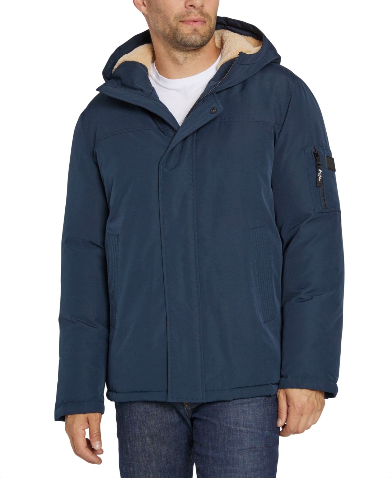 Sean John Men's Bomber Jacket with Fleece Lined Hood - Navy Size L