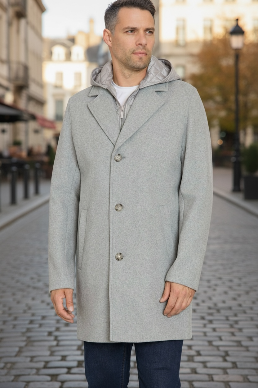 Sean John Men's Single Breasted Overcoat with Onion Quilted Bib & Hood -Grey Melange Size M