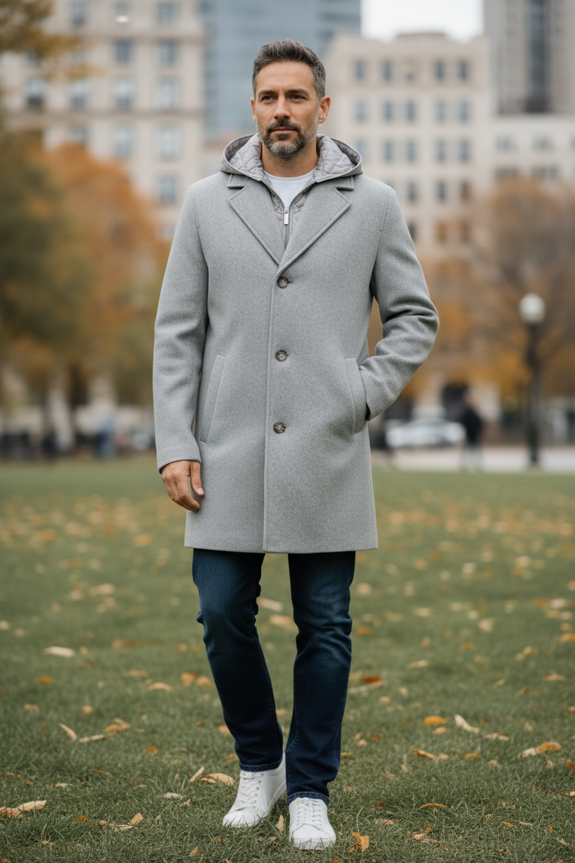 Sean John Men's Single Breasted Overcoat with Onion Quilted Bib & Hood -Grey Melange Size M