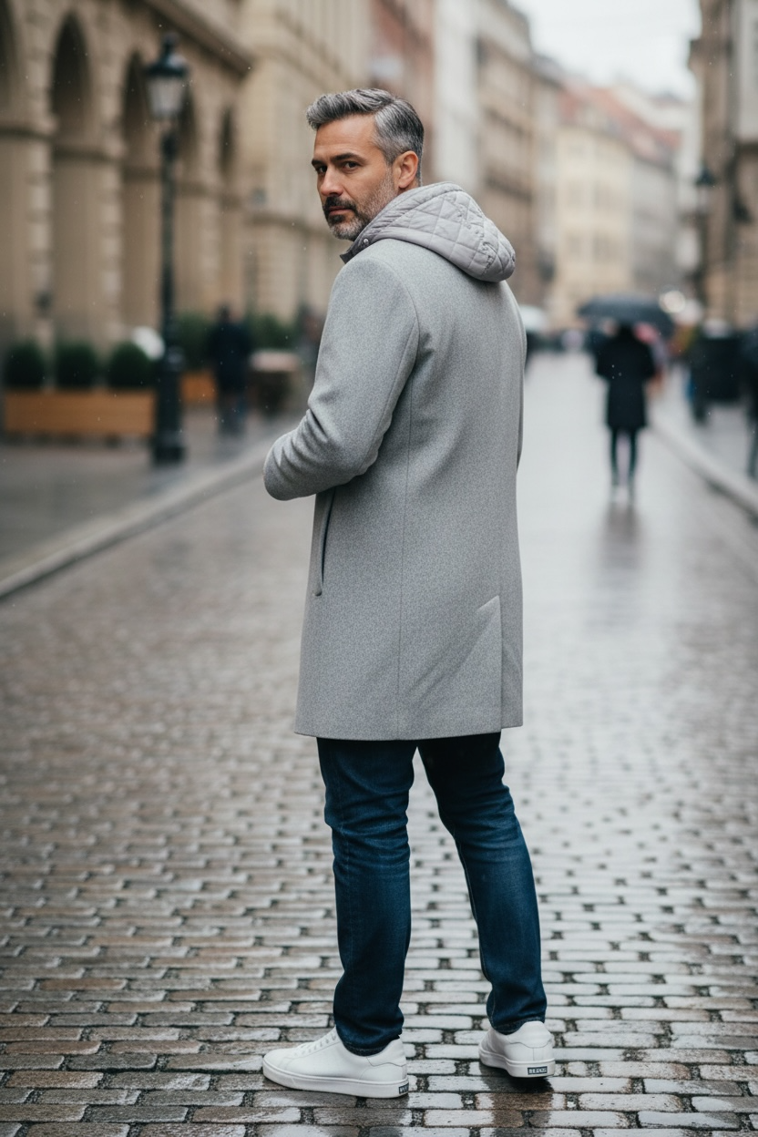Sean John Men's Single Breasted Overcoat with Onion Quilted Bib & Hood -Grey Melange Size M