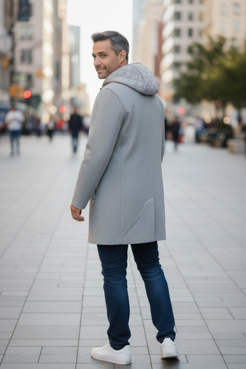 Sean John Men's Single Breasted Overcoat with Onion Quilted Bib & Hood -Grey Melange Size M