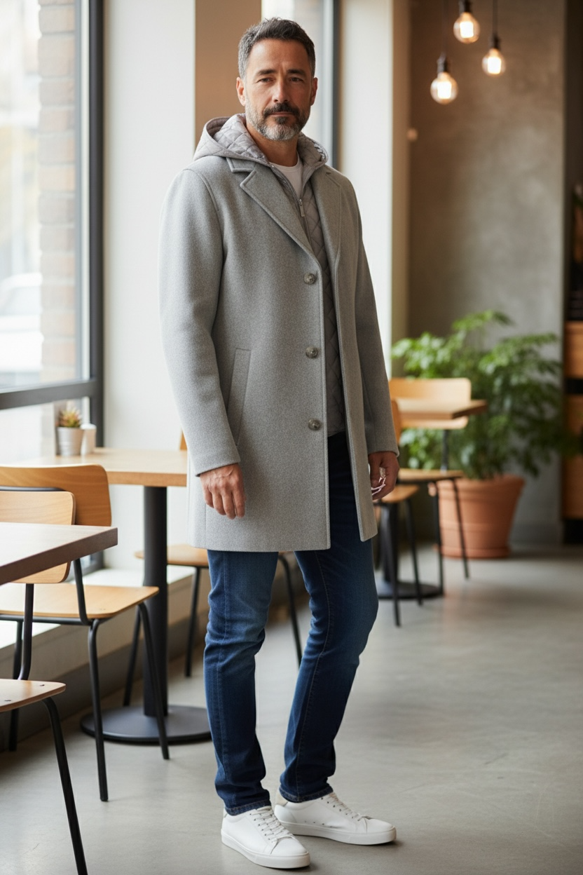 Sean John Men's Single Breasted Overcoat with Onion Quilted Bib & Hood -Grey Melange Size M