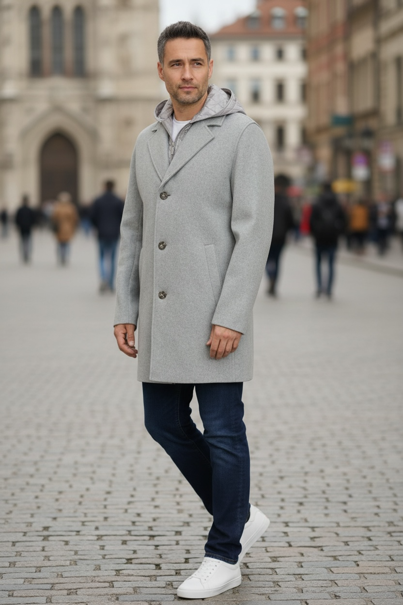 Sean John Men's Single Breasted Overcoat with Onion Quilted Bib & Hood -Grey Melange Size M