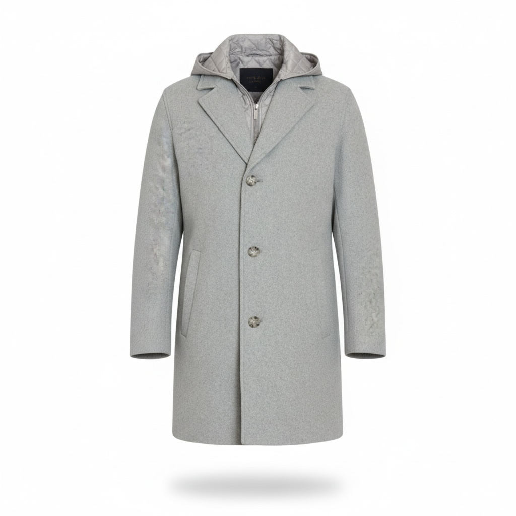 Sean John Men's Single Breasted Overcoat with Onion Quilted Bib & Hood -Grey Melange Size M